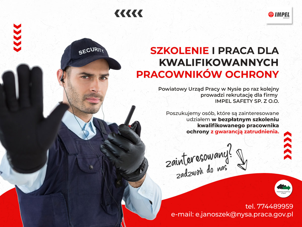 Baner przedstawia rekrutację do firmy SAFETY SP. Z O.O. na stanowisko pracownika ochrony